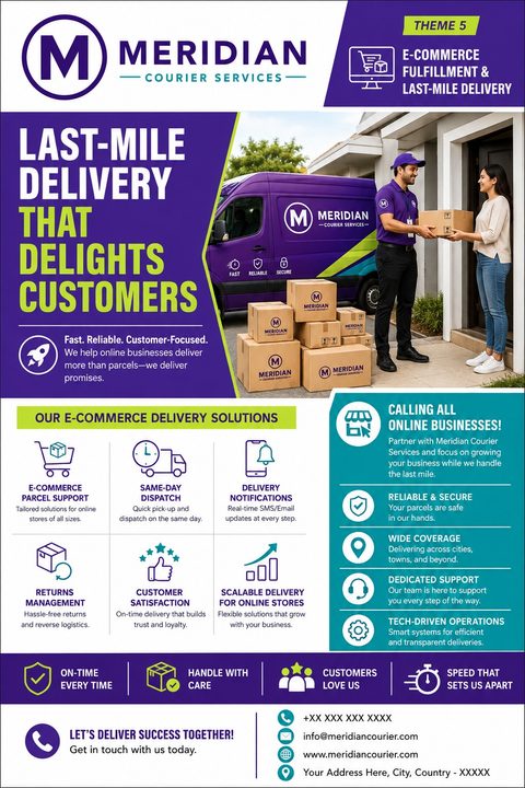 A courier service flyer with a purple and teal color scheme. It features a photo of a delivery driver handing a package to a customer, alongside service icons and bullet points detailing delivery solutions.