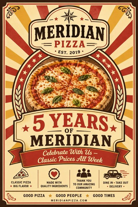 Retro-style pizza flyer with a red and yellow sunburst background. A large margherita pizza sits in the center above a banner reading '5 Years'. Features vintage typography and small icons for delivery and ingredients.