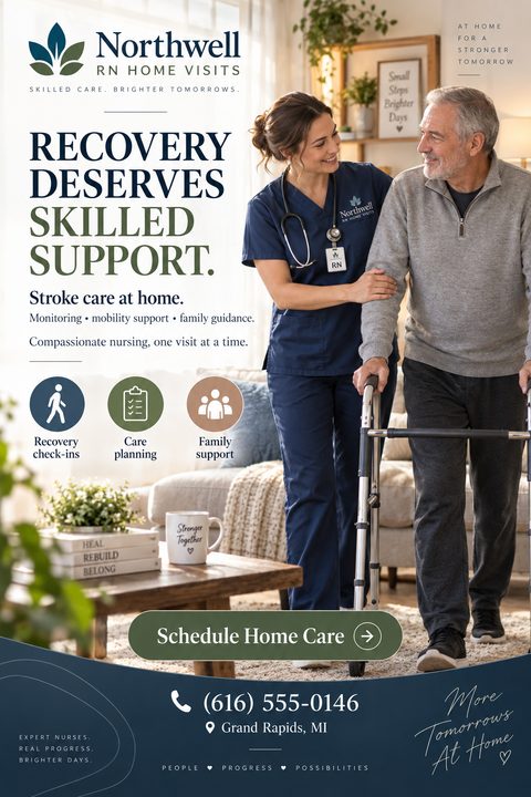 A home health care flyer featuring a nurse helping an elderly man use a walker in his living room. The design uses navy blue and olive green with service icons and contact details.