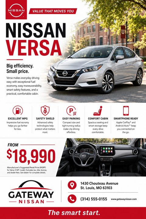 A car dealership flyer featuring a silver sedan parked on a street. Below are five feature icons, a large red price, an interior dashboard photo, and dealership contact information at the bottom.