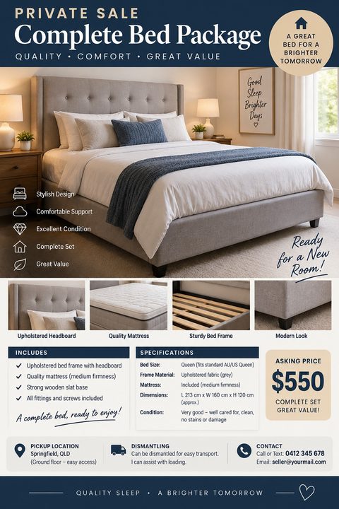 Private sale flyer for a complete bed package. Features a large photo of a grey upholstered bed, four smaller detail photos, and sections for includes, specifications, asking price, and contact info. Navy blue and beige color scheme.