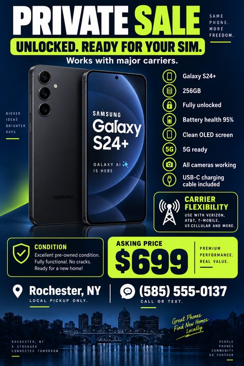 A flyer for a private sale of an unlocked smartphone, featuring a large image of the phone, a list of specs with icons, condition details, asking price of $699, and contact info, all set against a dark navy background with neon green accents and a.