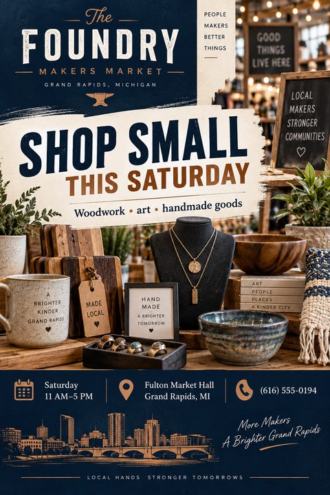 Flyer for a makers market featuring a large photo of handmade goods like pottery, jewelry, and woodwork on a table. Text reads 'Shop Small This Saturday' with event details below.