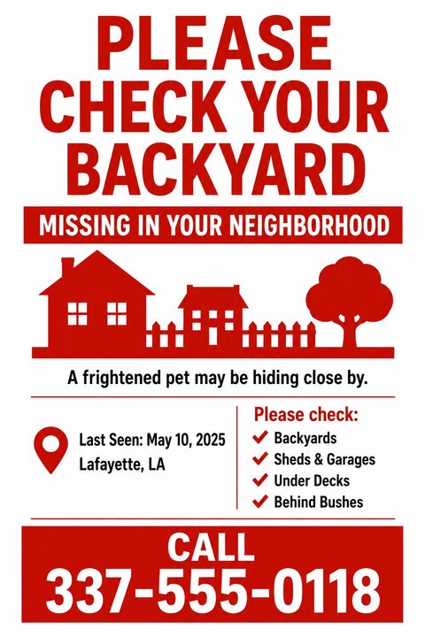 A bold red and white missing pet alert flyer featuring large urgent text, a red silhouette illustration of houses and a tree, a location pin, and a checklist of hiding spots.
