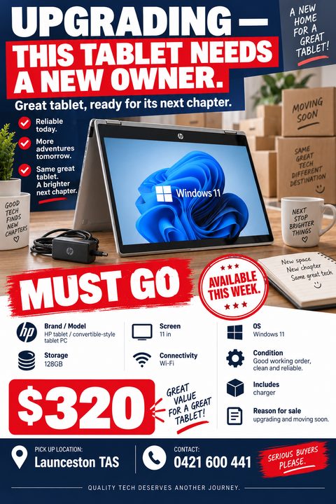 A bold flyer for selling a used tablet. It features a large photo of a convertible laptop, prominent red text reading 'MUST GO', a large price tag, and a grid of technical specifications.