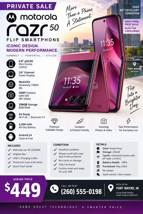 A flyer advertising a private sale for a smartphone. It features a large image of a purple foldable phone against a sunset cityscape. The flyer includes detailed specifications, condition, included accessories, asking price, and contact information.