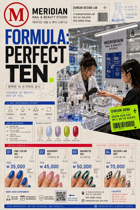 A science-themed nail studio flyer featuring a technician in a lab coat, chemical diagrams, a sample color palette, and a detailed price menu for gel nail services on a beige background.