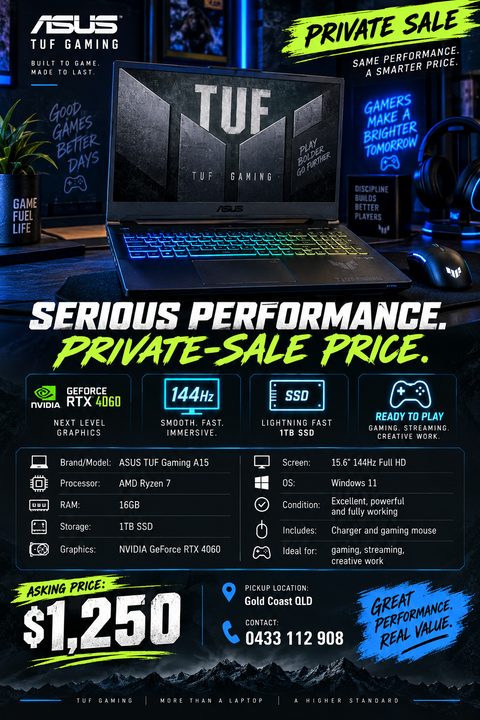 Flyer for a private sale of a gaming laptop. Features a photo of a laptop with a glowing keyboard in a dark room, followed by detailed specs, price, and contact info.