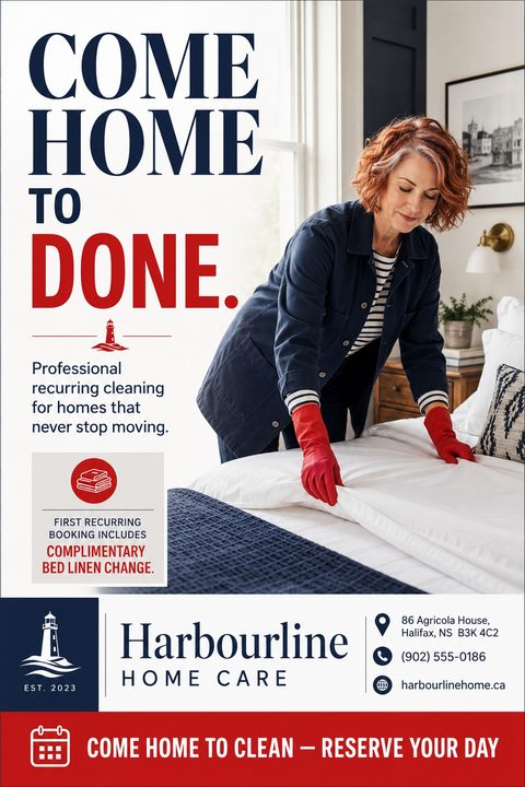 A house cleaning flyer featuring a woman making a bed in red gloves. Bold navy and red text reads 'Come Home To Done.' Includes a special offer box and contact details at the bottom.