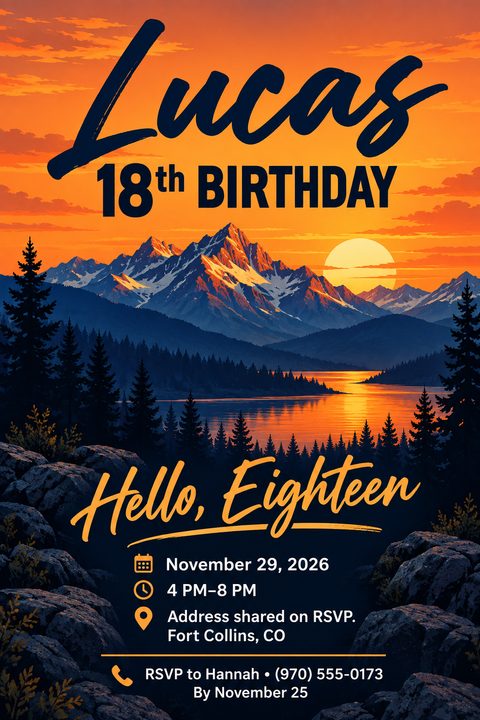 Birthday party invitation flyer featuring a vibrant illustration of a mountain range and lake at sunset. Text reads 'Lucas 18th Birthday' and 'Hello, Eighteen' with event details below.