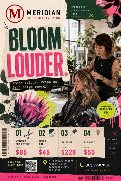 A hair salon flyer with a grunge collage design. It features a photo of a stylist working on a client's hair, torn paper textures, bold pink and green text reading 'Bloom Louder', and a price list for cuts and color.