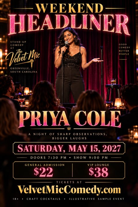 A stand-up comedy event flyer featuring a female comedian on stage against red velvet curtains. The design includes glowing pink neon text, elegant gold borders, and event details over a dark background.