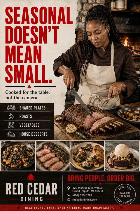 A rustic restaurant flyer featuring a chef carving a large roast in a warm, fire-lit kitchen. Below are four smaller photos of hearty dishes. The text is bold red and white on dark wood and beige backgrounds.