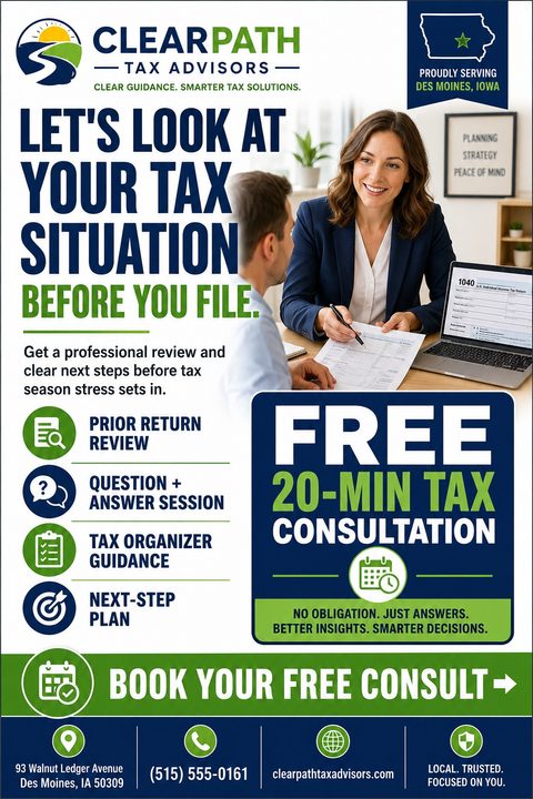 Flyer for ClearPath Tax Advisors offering a free 20-minute tax consultation. Features a photo of a tax professional meeting with a client, a list of services, and contact information.