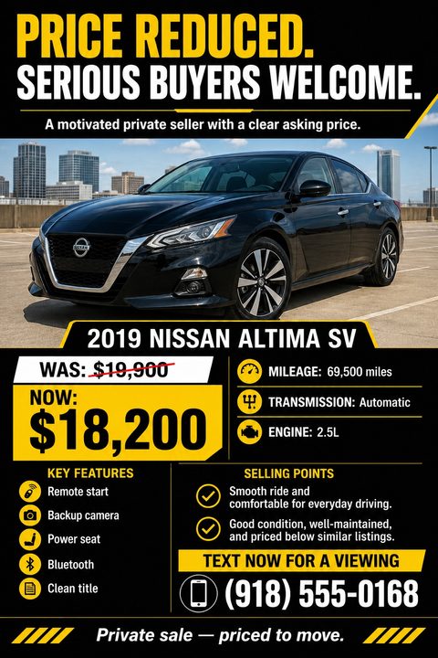 A bold black and yellow flyer for a private car sale, featuring a large photo of a black sedan, a crossed-out old price, new price, vehicle specifications, and contact information.