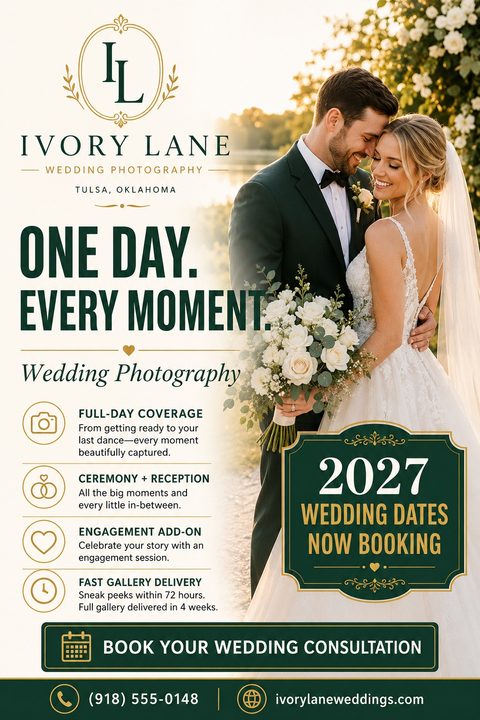 Elegant wedding photography flyer with a cream background, dark green text, and gold accents. Features a large photo of a smiling bride and groom, a list of services with icons, and booking information.