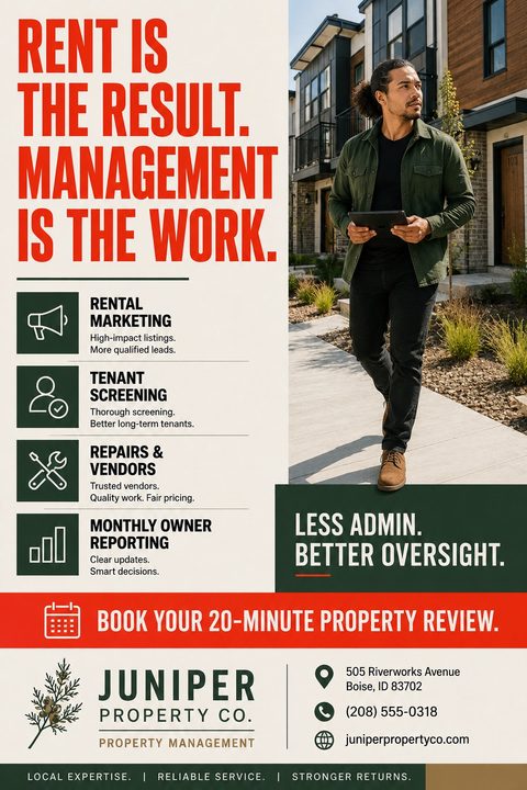 A property management flyer with a bold red headline 'Rent is the result. Management is the work.' A list of services with icons on the left, and a photo of a property manager walking outside townhouses on the right.