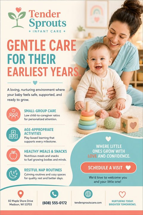 Infant care flyer template with a photo of a caregiver smiling at a baby playing with a toy. Text reads 'Gentle care for their earliest years' with bullet points for small-group care, activities, meals, and naps.