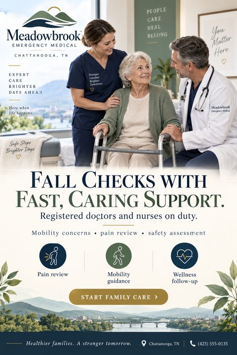 A flyer for emergency medical services featuring a photo of a nurse and doctor smiling at an elderly woman using a walker. The text reads 'Fall Checks With Fast, Caring Support.' with icons for pain review, mobility guidance, and wellness follow-up.