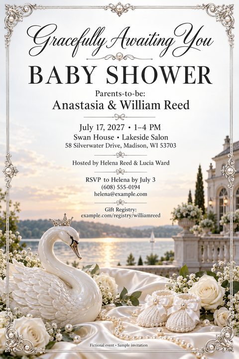 Elegant baby shower invitation flyer featuring a ceramic swan with a crown, white baby booties, pearls, and white roses on a silk cloth, set against a lakeside sunset background with a mansion.