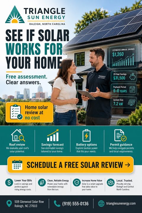 Solar company flyer template with a photo of a technician talking to a homeowner in front of a house with solar panels. Features infographic data points for savings and icons for services like roof review and battery options.