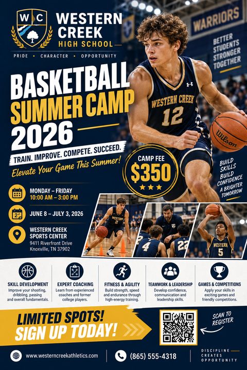 A flyer for a basketball summer camp featuring a large photo of a player dribbling, smaller action shots, camp details like dates, times, location, fee, and a QR code to register.