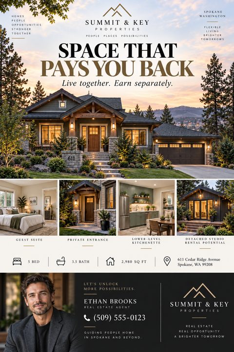 A real estate listing flyer featuring a large photo of a craftsman home at twilight, four smaller photos showing interior and exterior details, property specs, and a dark footer with an agent's portrait.