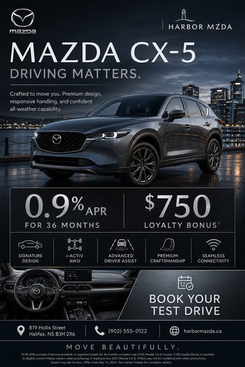 A dark, premium car dealership flyer featuring a grey SUV parked against a twilight city skyline, with sections for financing offers, vehicle features, an interior dashboard photo, and contact details.