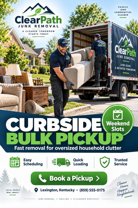 A junk removal flyer featuring a photo of two men loading a sofa into a branded truck. Below, bold text reads 'Curbside Bulk Pickup' with green icons highlighting easy scheduling and quick loading.