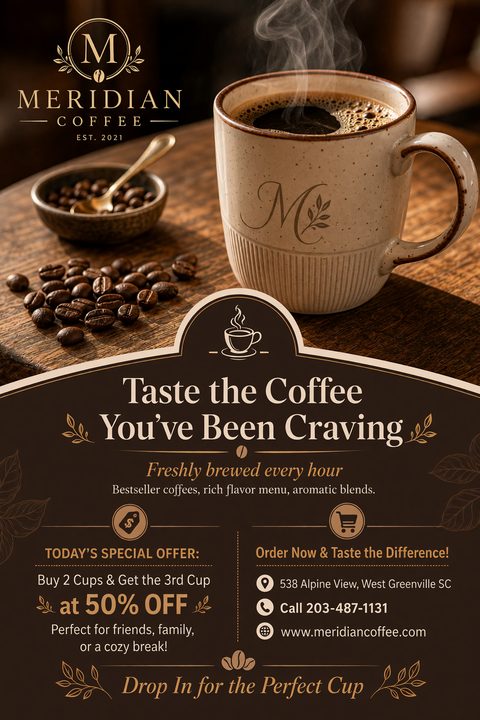 Coffee shop flyer template with a large photo of a steaming mug of coffee next to coffee beans. The bottom half is dark brown with text promoting a special offer: Buy 2 Cups & Get the 3rd Cup at 50% OFF.