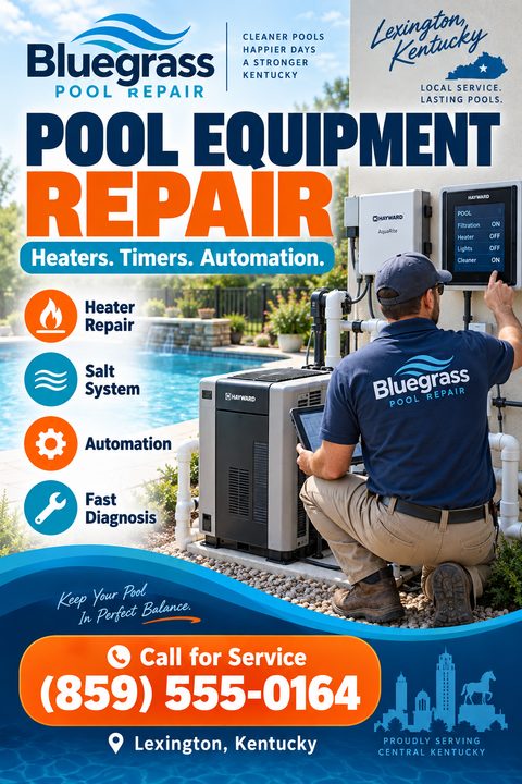 A pool technician kneels by a pool heater, adjusting a digital control panel. The flyer features bold blue and orange text, wavy graphics, and service icons.