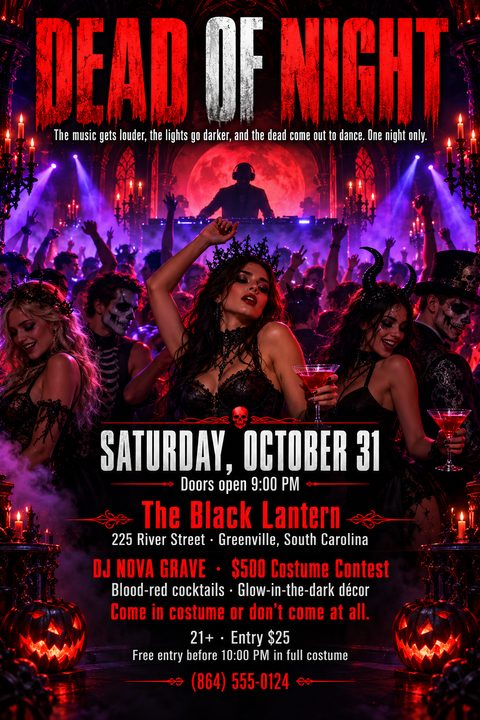 A dark, gothic Halloween party flyer with red and purple lighting. It features a crowd of people in elaborate costumes dancing in a club setting, with a DJ in the background and glowing jack-o'-lanterns.