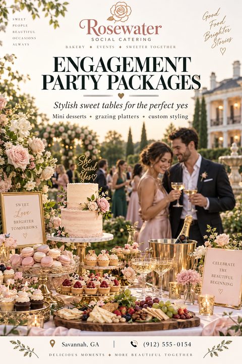 Elegant catering flyer featuring a large photo of a lavish dessert and grazing table at an outdoor engagement party. A couple toasts in the background. Soft pink and cream color palette.