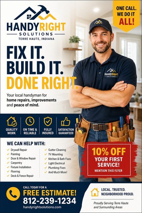 A handyman services flyer featuring a smiling man in a toolbelt. It includes a logo, a headline 'Fix It. Build It. Done Right.', a service list, a red 10% off box, and contact details.