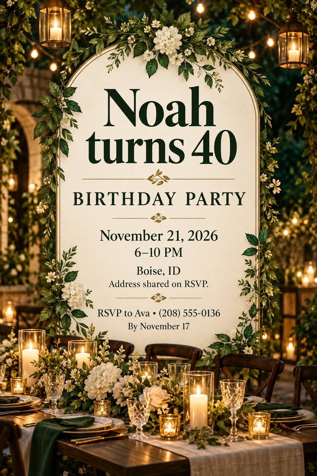 An elegant birthday invitation flyer featuring a large cream-colored arched sign with dark green text, set against a backdrop of an outdoor dinner table with candles, white flowers, and string lights.
