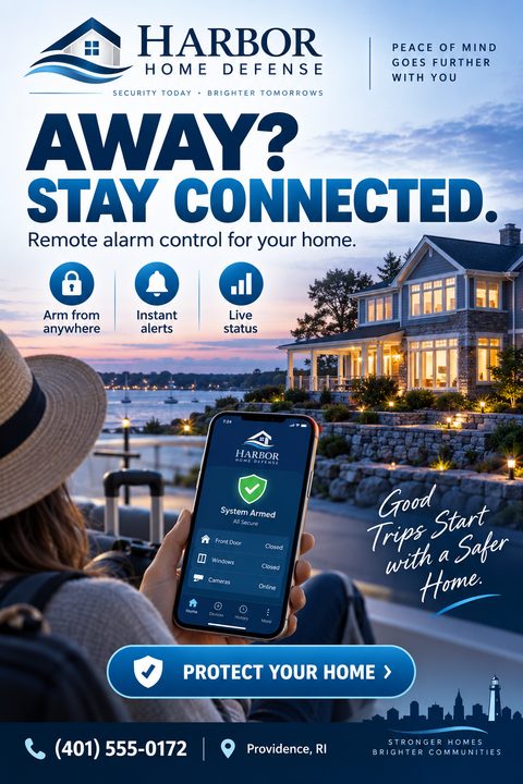 A flyer for Harbor Home Defense titled 'Away? Stay Connected. Remote alarm control for your home.' A person looks at a smartphone showing a 'System Armed' app screen, with a large house and water in the background.