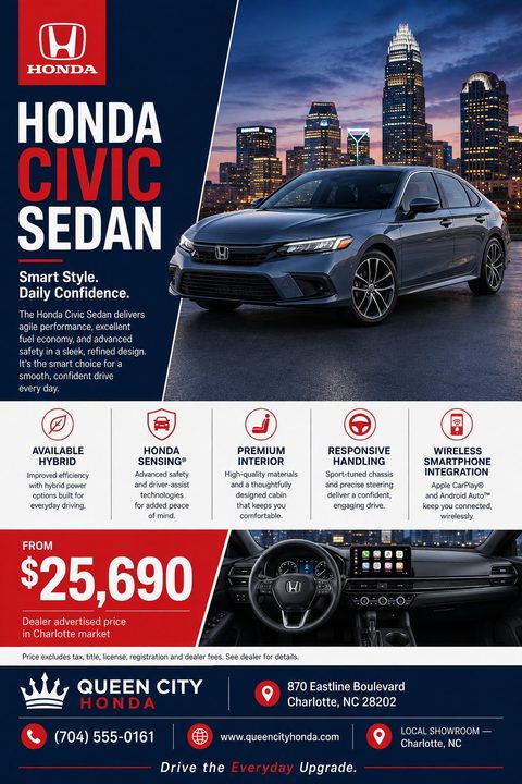 A car sales flyer featuring a dark blue sedan against a city skyline. It includes a navy sidebar, a white section with feature icons, a red price block, and an interior dashboard photo.