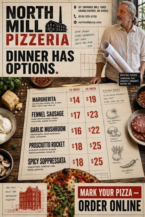 A rustic pizzeria menu flyer with a blueprint aesthetic. It features a large pricing table for different pizzas, hand-drawn illustrations of ingredients, and a photo of a man holding blueprints.