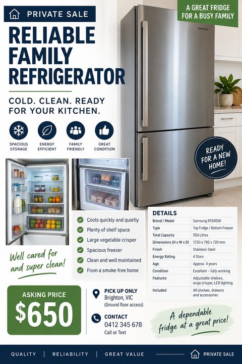 A private sale flyer for a refrigerator featuring a large exterior photo, two interior photos, a detailed specifications table, bulleted features, and a prominent green asking price box.