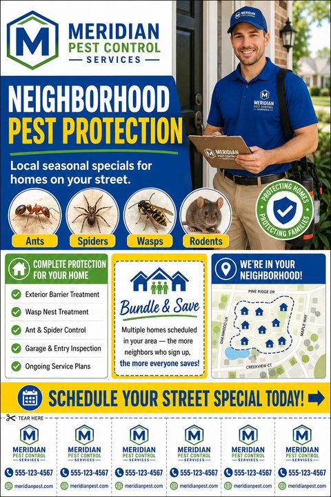 Pest control flyer with a photo of a technician holding a clipboard. Includes sections for pests covered, services, a neighborhood map, and tear-off contact tabs at the bottom.