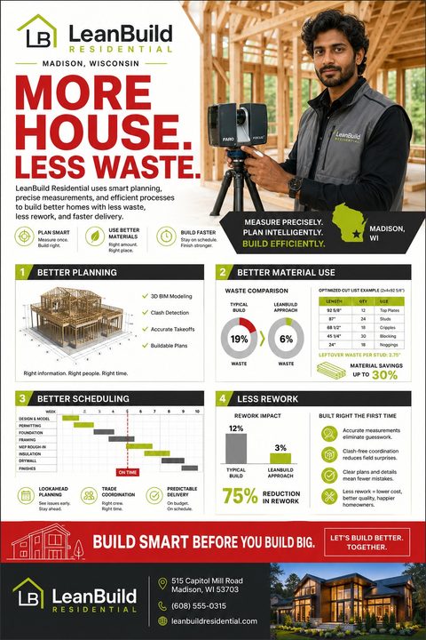 A professional builder flyer featuring a man with surveying equipment, a red headline 'More House. Less Waste.', and data visualization charts including a Gantt chart and waste comparison graphs.