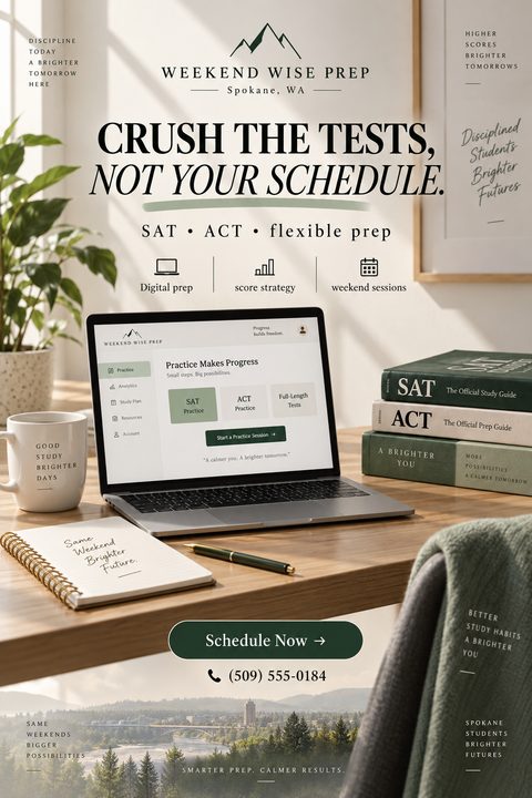 Flyer for Weekend Wise Prep showing a laptop on a wooden desk with a coffee mug, notebook, and SAT/ACT study guides. Text reads 'Crush the tests, not your schedule. SAT ACT flexible prep.'