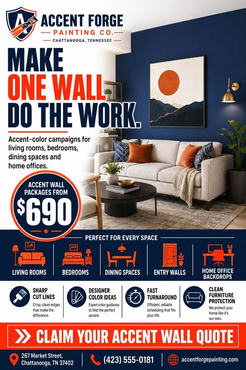 Flyer for a painting company featuring a modern living room with a dark blue accent wall. Text reads 'Make one wall do the work' and highlights accent wall packages starting at $690. Icons show different rooms and service benefits.
