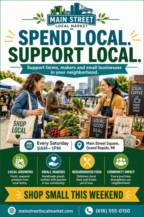Flyer for a local market titled 'Spend Local. Support Local.' featuring a photo of people shopping at a farmers market stall with fresh vegetables. Icons highlight local growers, small makers, neighborhood food, and community impact.