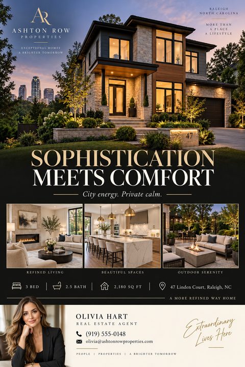 Real estate flyer template with a large photo of a modern luxury home at twilight, three smaller photos of the interior and patio, property details, and agent contact information on a black and cream background.