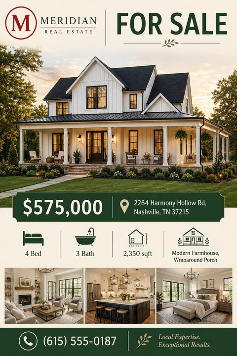 Real estate flyer template with a large photo of a modern farmhouse, price, address, property details with icons, three interior photos, and contact information at the bottom.