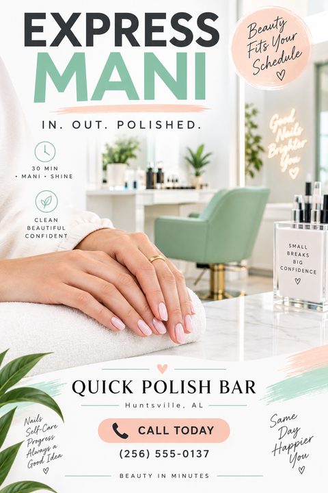 Flyer for an express manicure service featuring a photo of a woman's hands with a fresh light pink manicure resting on a white towel in a bright, modern salon setting.