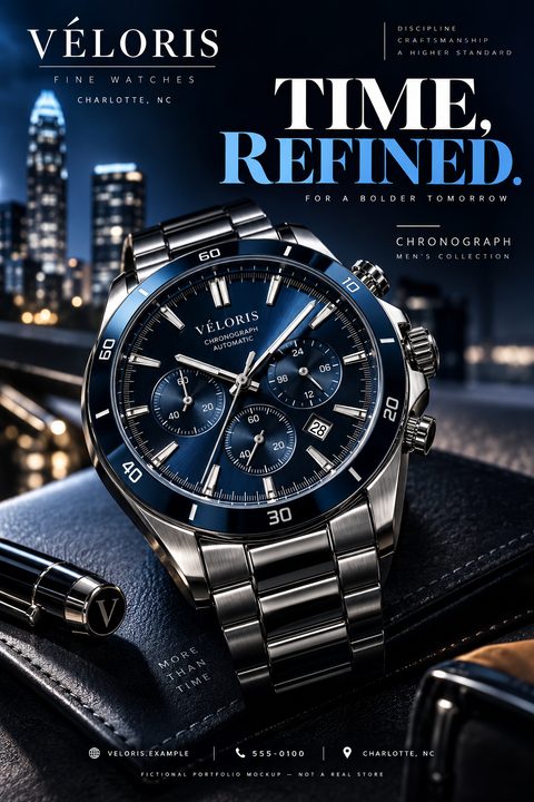 A luxury flyer template featuring a close-up of a silver men's chronograph watch with a blue dial resting on a leather surface, set against a blurred nighttime city skyline.