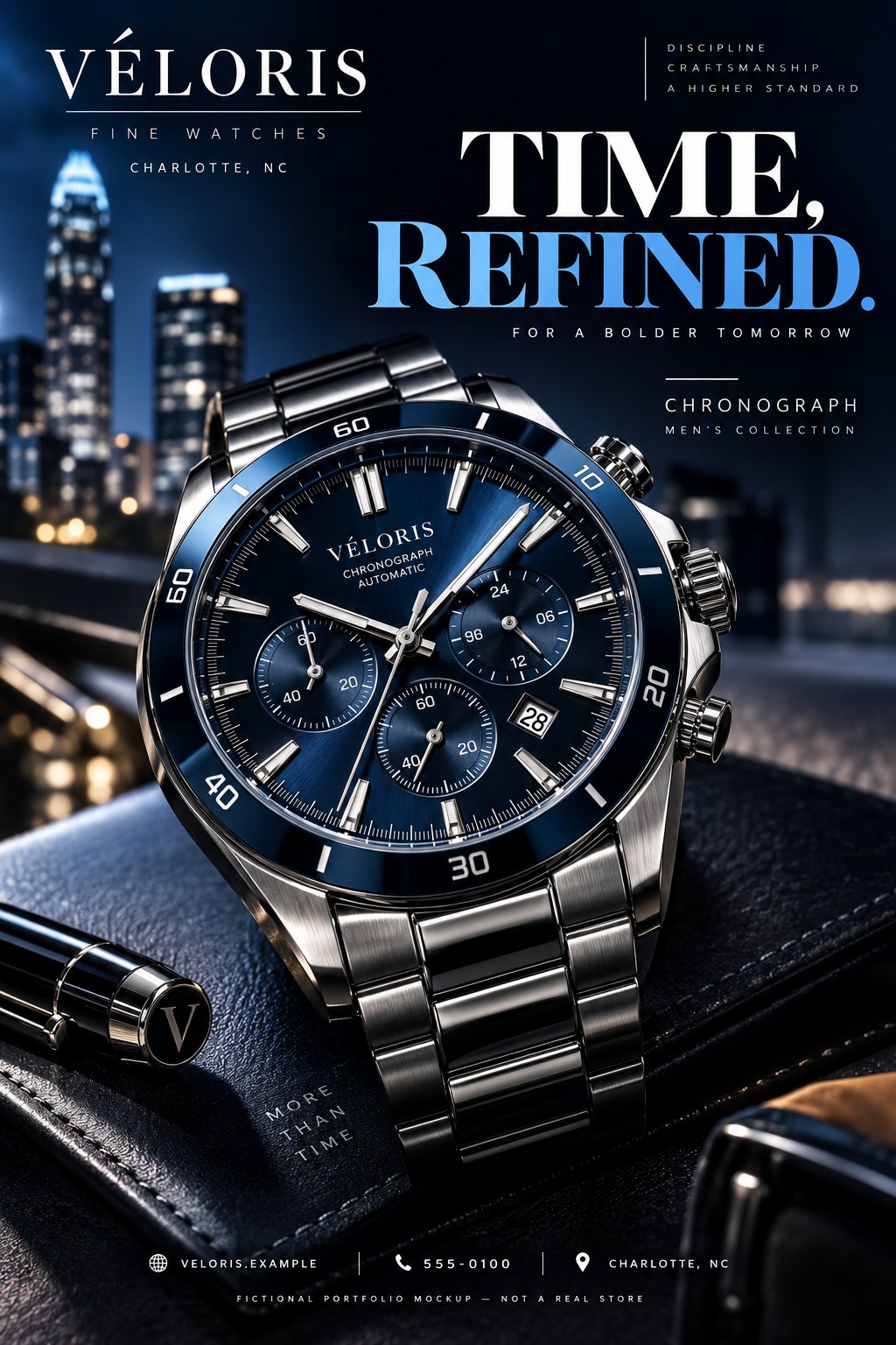 A luxury flyer template featuring a close-up of a silver men's chronograph watch with a blue dial resting on a leather surface, set against a blurred nighttime city skyline.