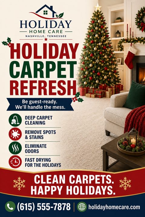 A festive carpet cleaning flyer featuring a cozy living room with a decorated Christmas tree and presents. Bold red and green text promotes a holiday carpet refresh with deep cleaning services.